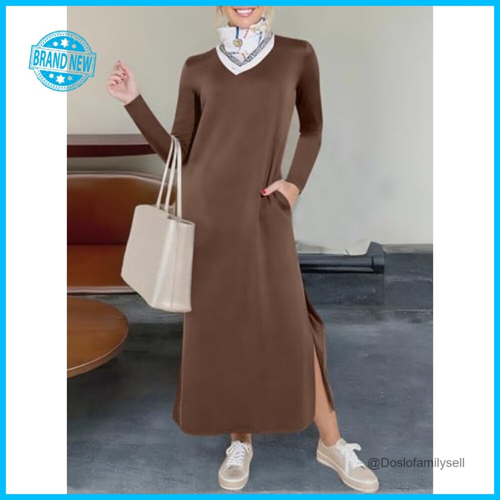 Long Sleeve Maxi Dress Casual Elegant Loose Fit Wrinkle Free Travel Wear - Picture 3 of 7
